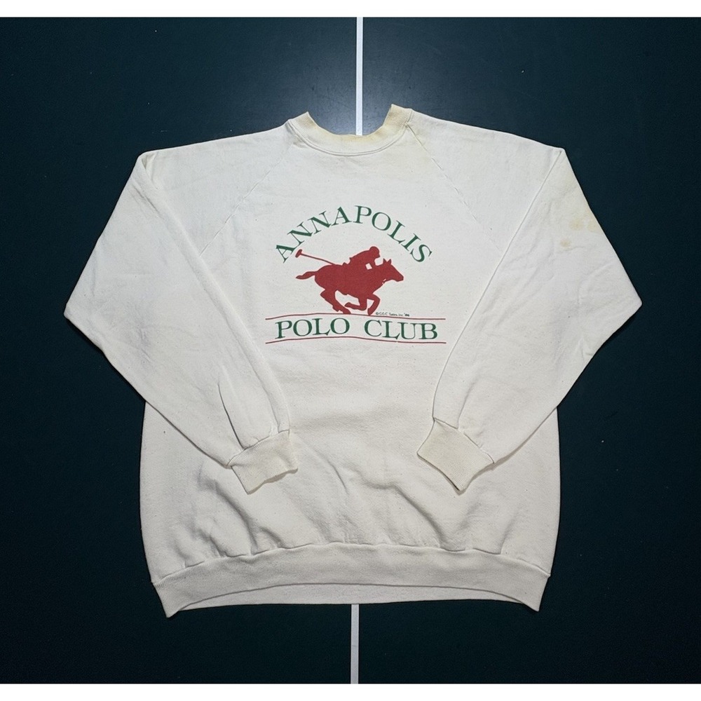 Vintage Annapolis Polo Club Crewneck Sweatshirt Men's Large Raglan White‎ 80s